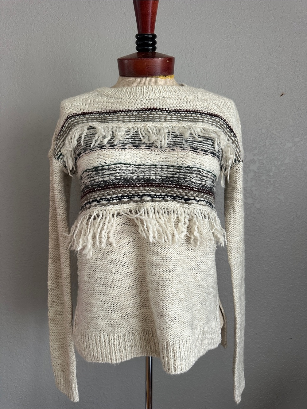 Abercrombie & Fitch Beige Fringe Crewneck Sweater